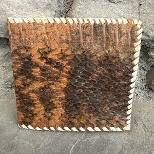 Vintage Hand Made Leather Snakeskin Bi-Fold Wallet Whipstitch Western 4.5” X 4”